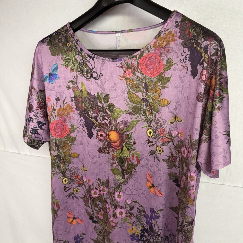 Women's Purple Floral Butterfly Tunic Stretch Shirt 1XL Whimsical Fairycore